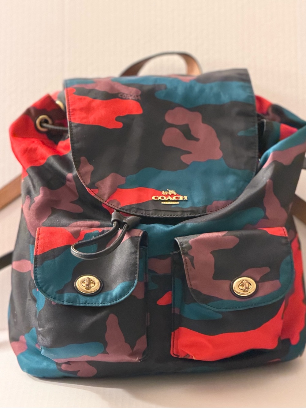 COACH nylon backpack in fun,gem tone camo print. Washable/Packable. Great bag!
